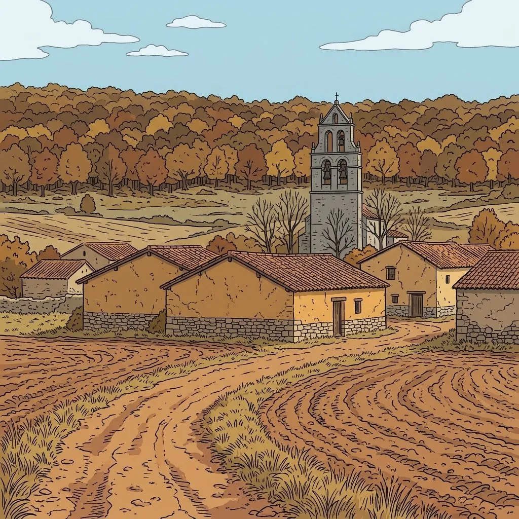 Ilustración: Aldeanueva del Monte, unas pocas casas de adobe con zócalo de piedra entre tierras de labor, la espadaña de la iglesia detrás y el robledal de otoño