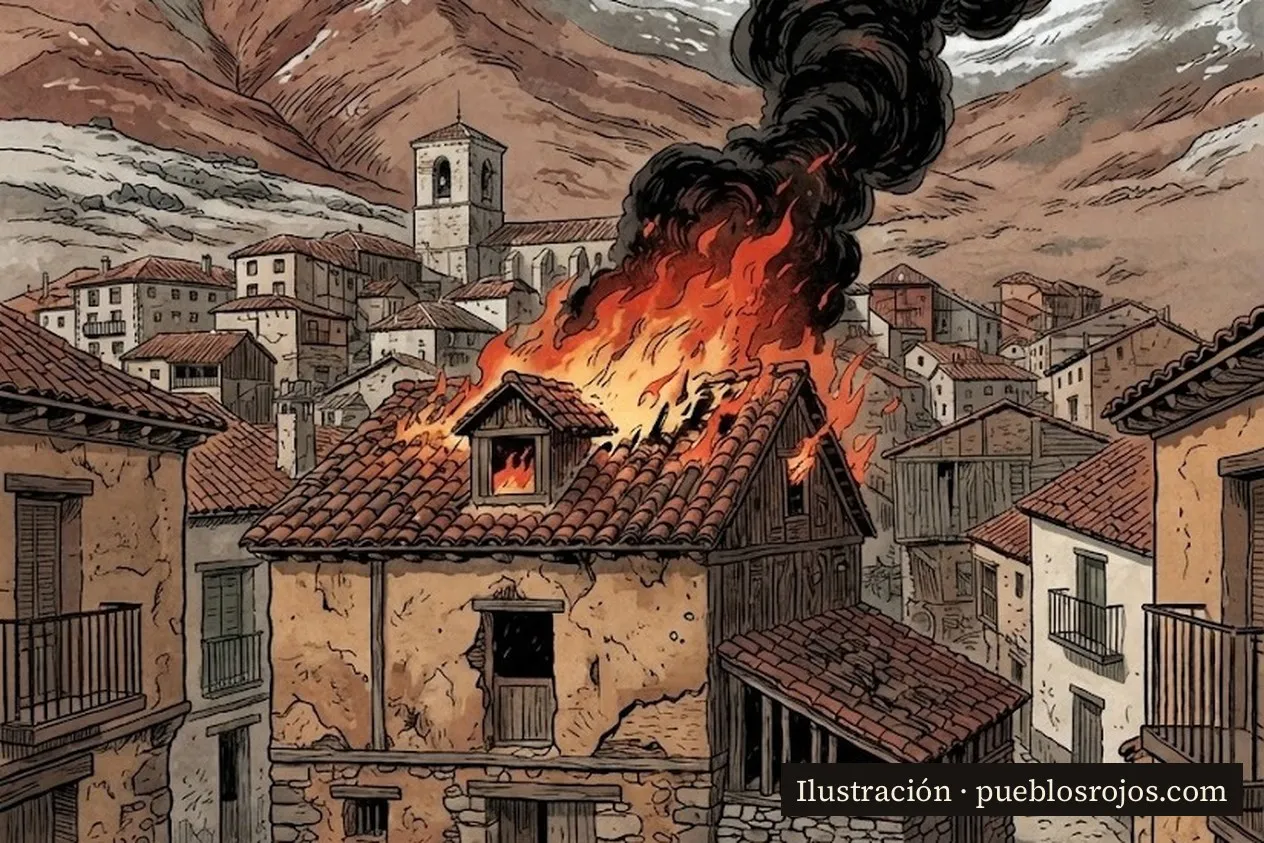 Ilustración: una casa arde en Cerezo de Arriba en 1929, con la torre de la iglesia y la sierra detrás