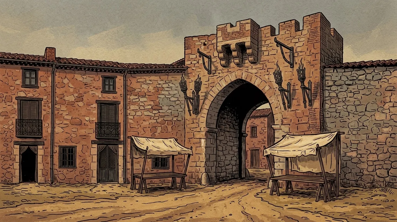Ilustración: el arco de la villa de Ayllón con antorchas en el muro y dos puestos de mercado vacíos a sus pies