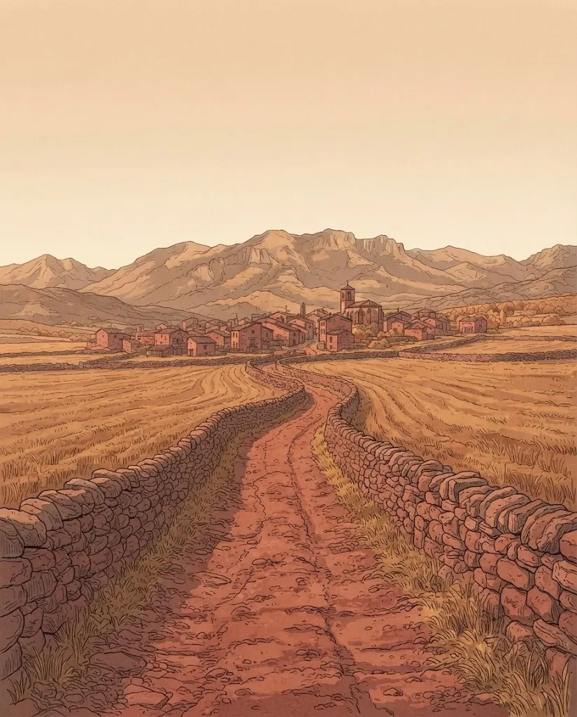 Ilustración: un camino de tierra roja entre muros bajos de piedra seca y fincas segadas, que lleva a un pueblo de piedra rojiza con la sierra detrás