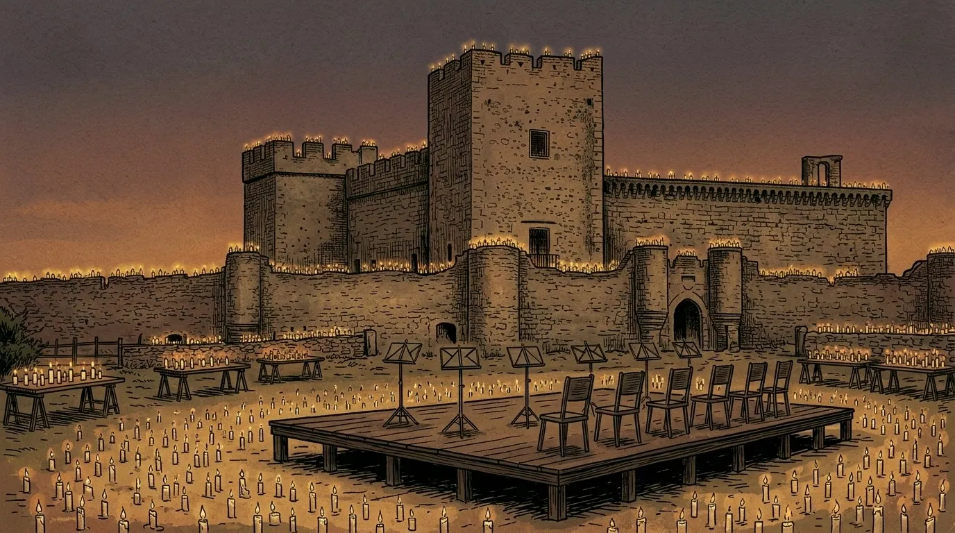 Ilustración: el castillo de Pedraza al anochecer, con la muralla y el suelo llenos de velas y un escenario con atriles y sillas vacías