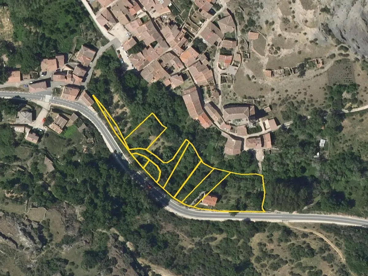 Vista aérea del sur de Santibáñez de Ayllón: las casas de teja arriba, la carretera abajo y, entre las dos, huertas arboladas con el contorno de sus parcelas dibujado en amarillo