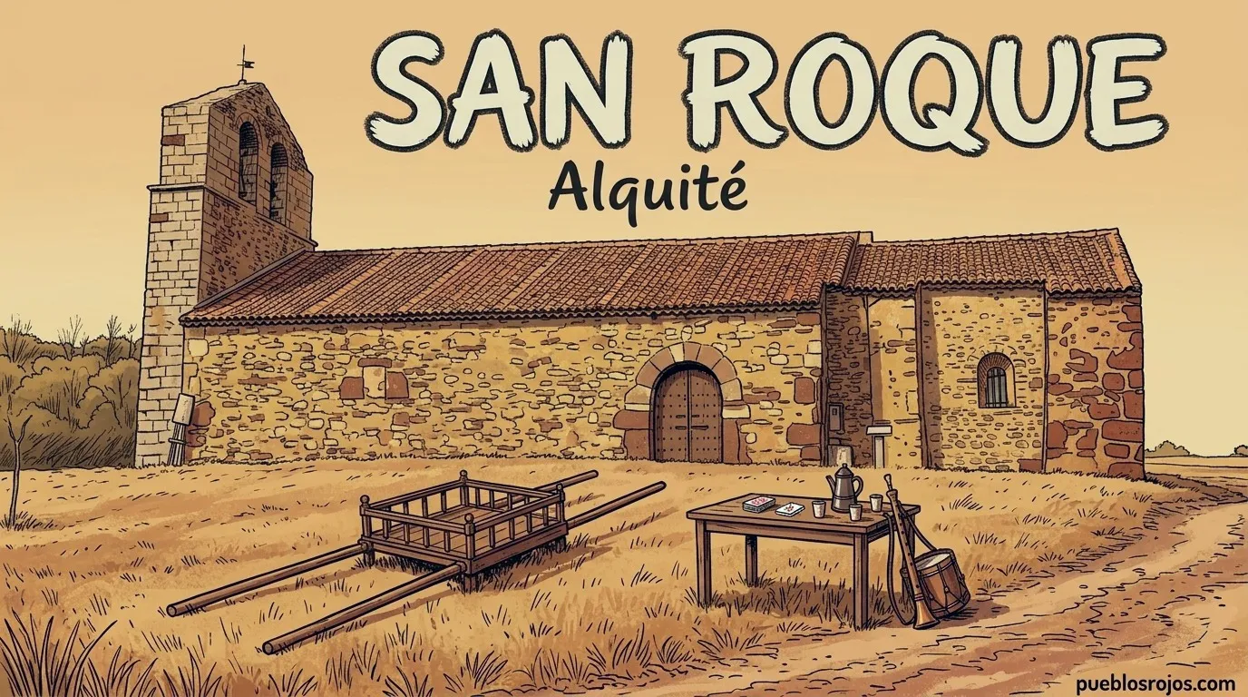 Ilustración: cartel de San Roque en Alquité, con la iglesia de piedra amarilla, unas andas vacías, una mesa con cartas y chocolatera, y una dulzaina