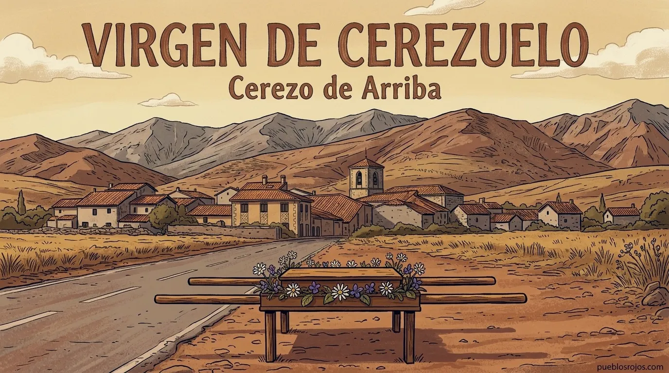 Ilustración: cartel de la Virgen de Cerezuelo en Cerezo de Arriba, con el pueblo y su torre bajo la sierra y unas andas vacías con margaritas y violetas en la carretera de entrada