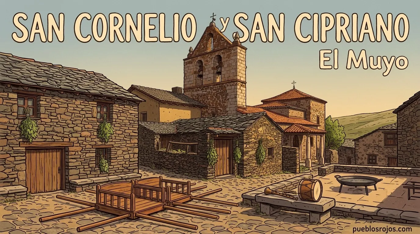 Ilustración: cartel de San Cornelio y San Cipriano en El Muyo, con la espadaña y las casas de pizarra enramadas de chopo, dos andas vacías y una dulzaina