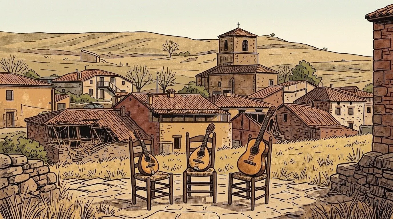 Ilustración: los tejados de Francos y su torre, con una bandurria, un laúd y una guitarra esperando a la rondalla