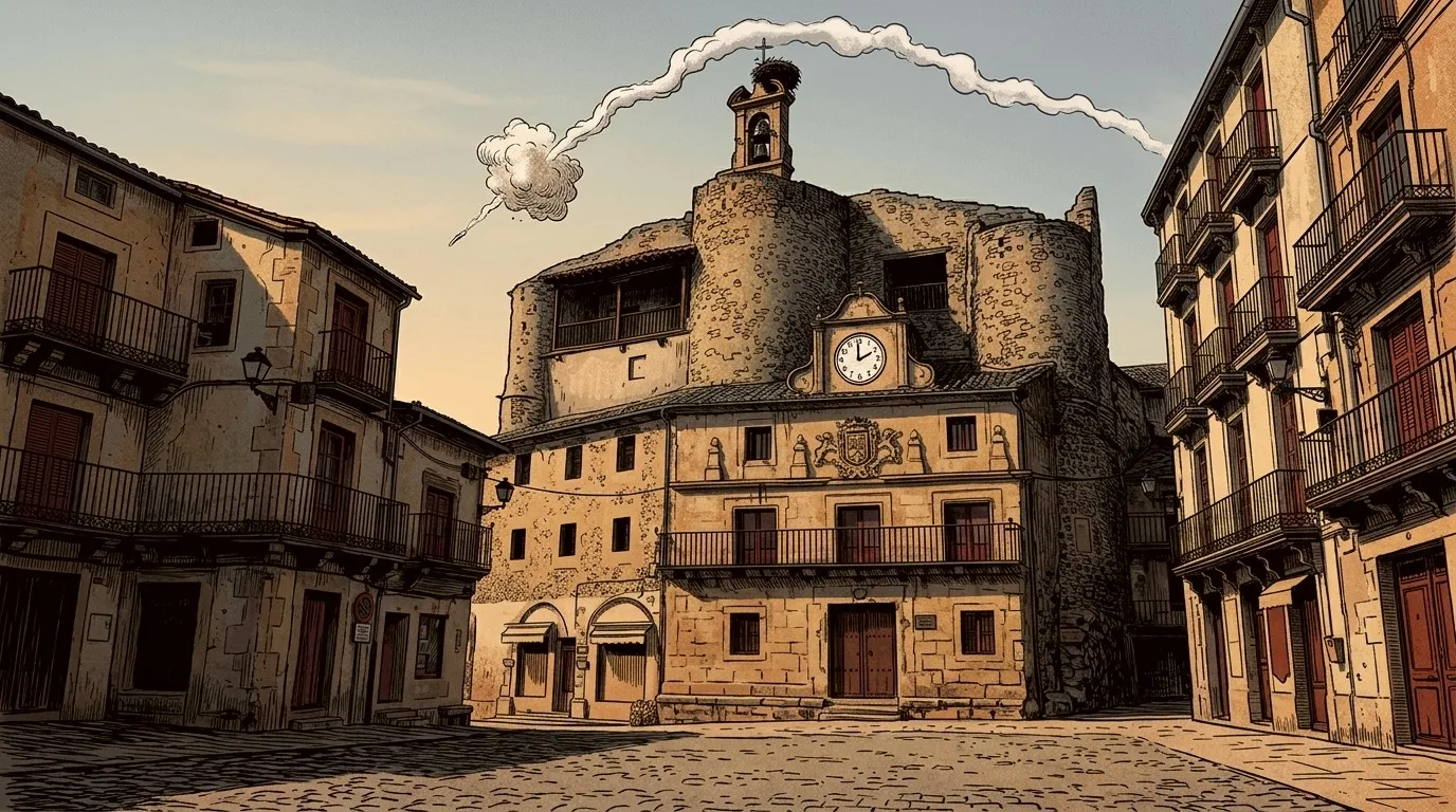 Ilustración: la plaza de Sepúlveda con el edificio del Reloj y la estela del chupinazo en el cielo
