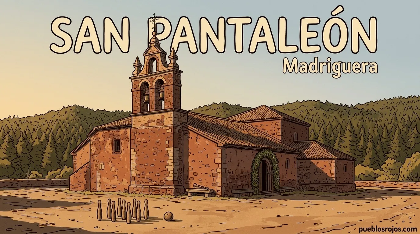 Ilustración: cartel de San Pantaleón en Madriguera, con la iglesia de San Pedro, un arco de ramas de chopo en la puerta, unos bolos y una dulzaina