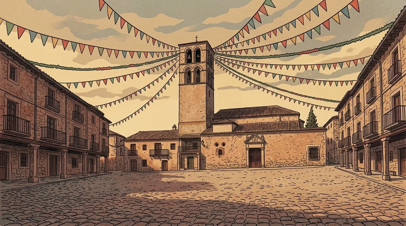 Ilustración: la Plaza Mayor de Pedraza vacía, con sus soportales, la torre de San Juan al fondo y banderitas de verbena