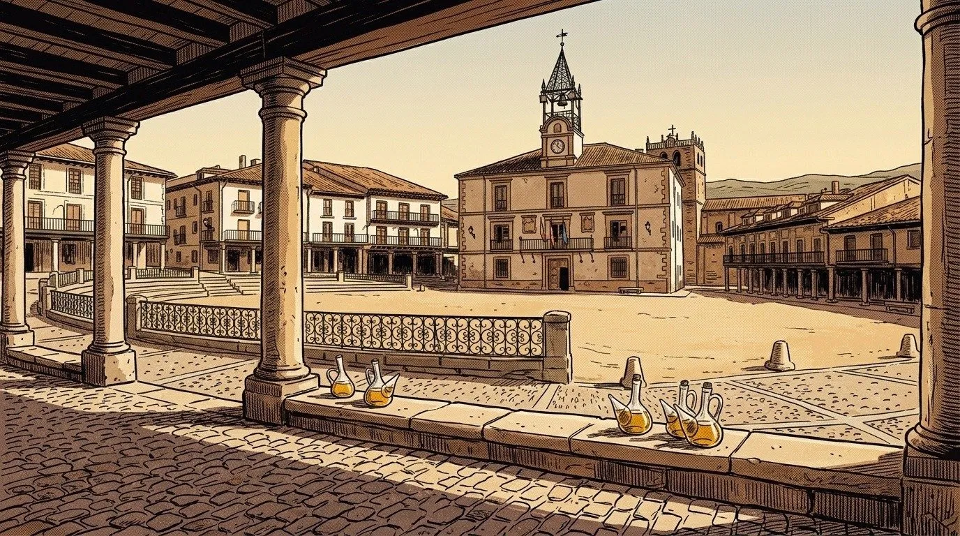 Ilustración: la Plaza Mayor de Riaza vista desde los soportales, con la Casa Consistorial al fondo y porrones en la grada