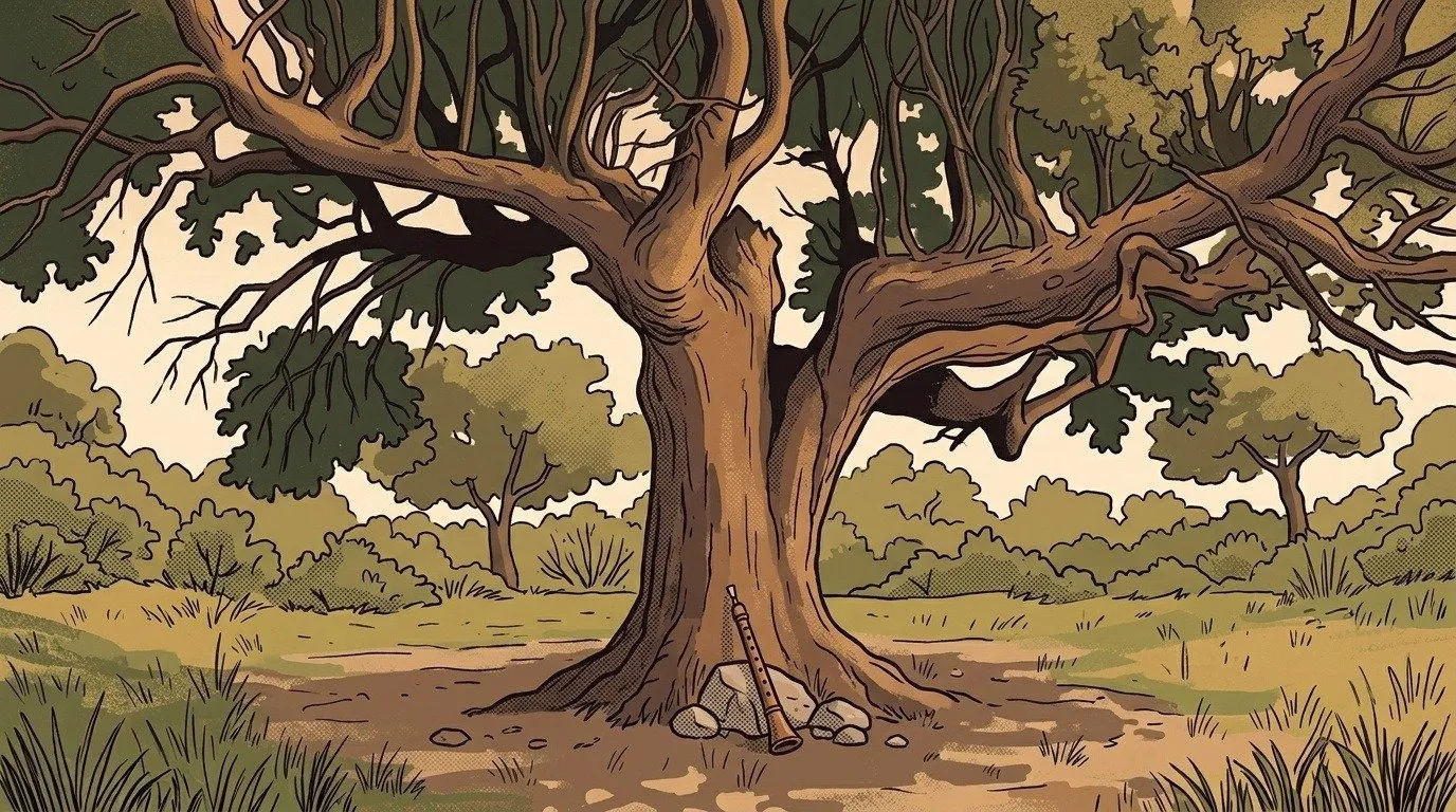 Ilustración: una encina vieja de Saldaña de Ayllón con una dulzaina apoyada al pie