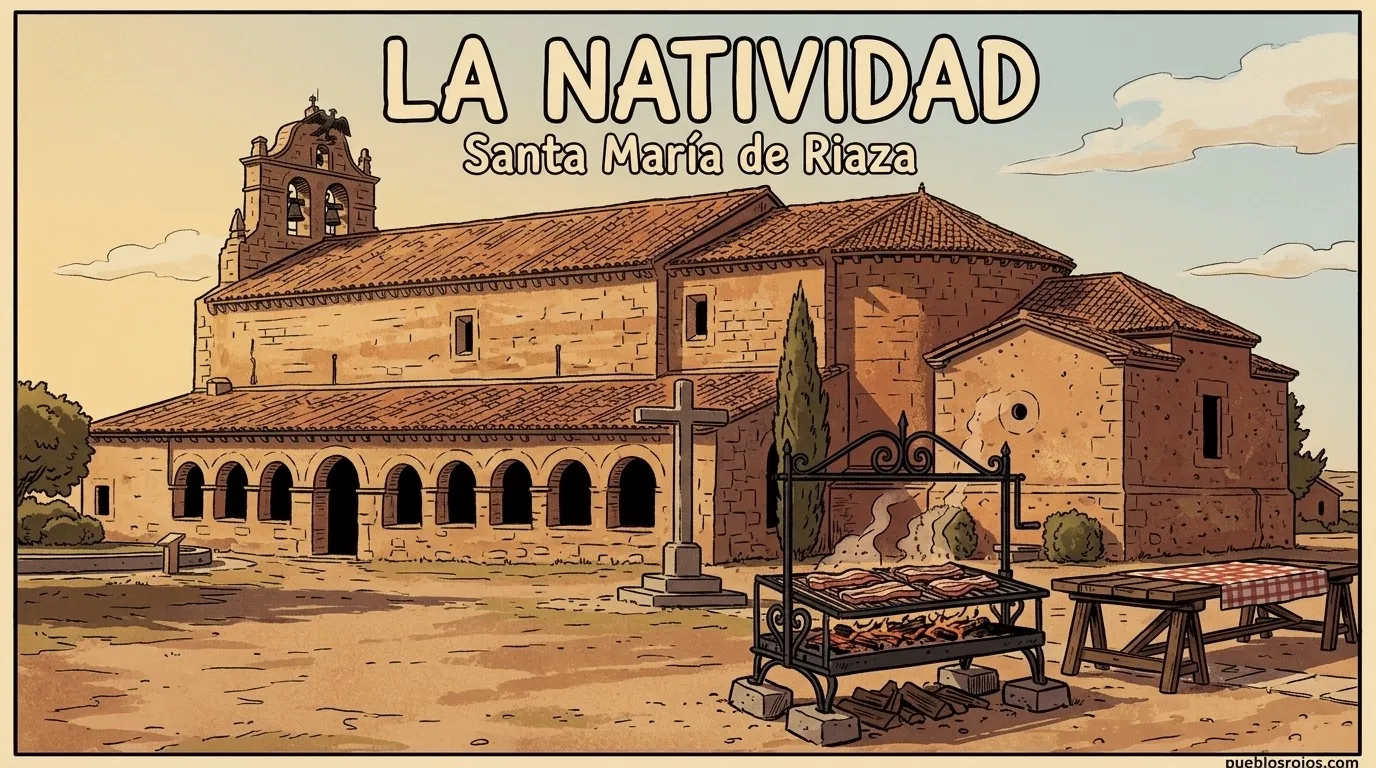 Ilustración: cartel de la Natividad en Santa María de Riaza, con la iglesia porticada y su cruz de piedra, una parrilla con panceta y una mesa larga