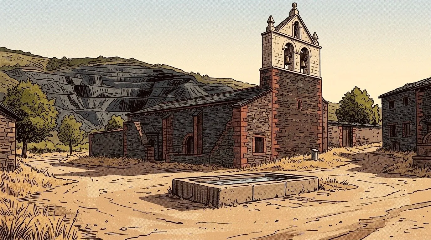 Ilustración: la iglesia de la Natividad de Serracín con su pilón y el corte de la cantera de pizarra detrás