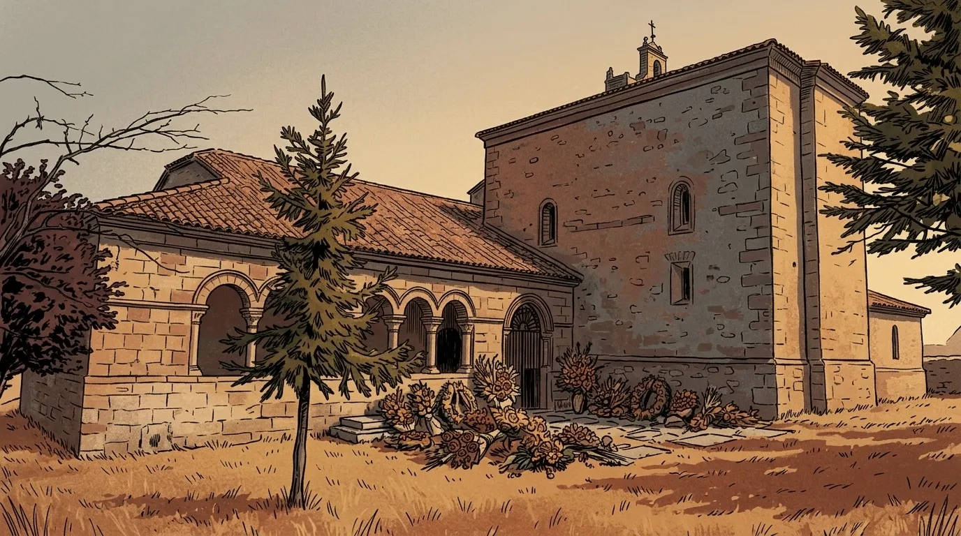 Ilustración: la iglesia de San Bartolomé de Atienza con las flores de la ofrenda ante su pórtico