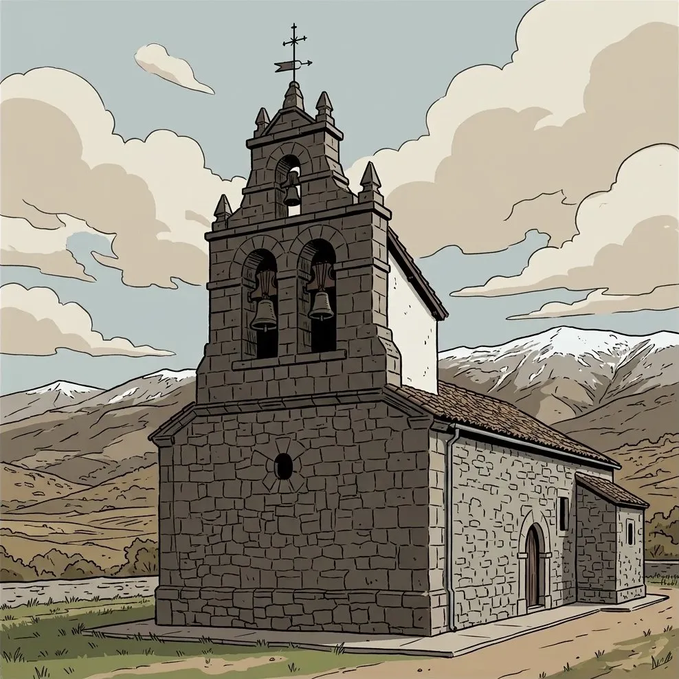 Ilustración: la iglesia de la Natividad de Villarejo, con la espadaña de granito de dos campanas y pináculos, la nave de piedra gris y la sierra nevada al fondo