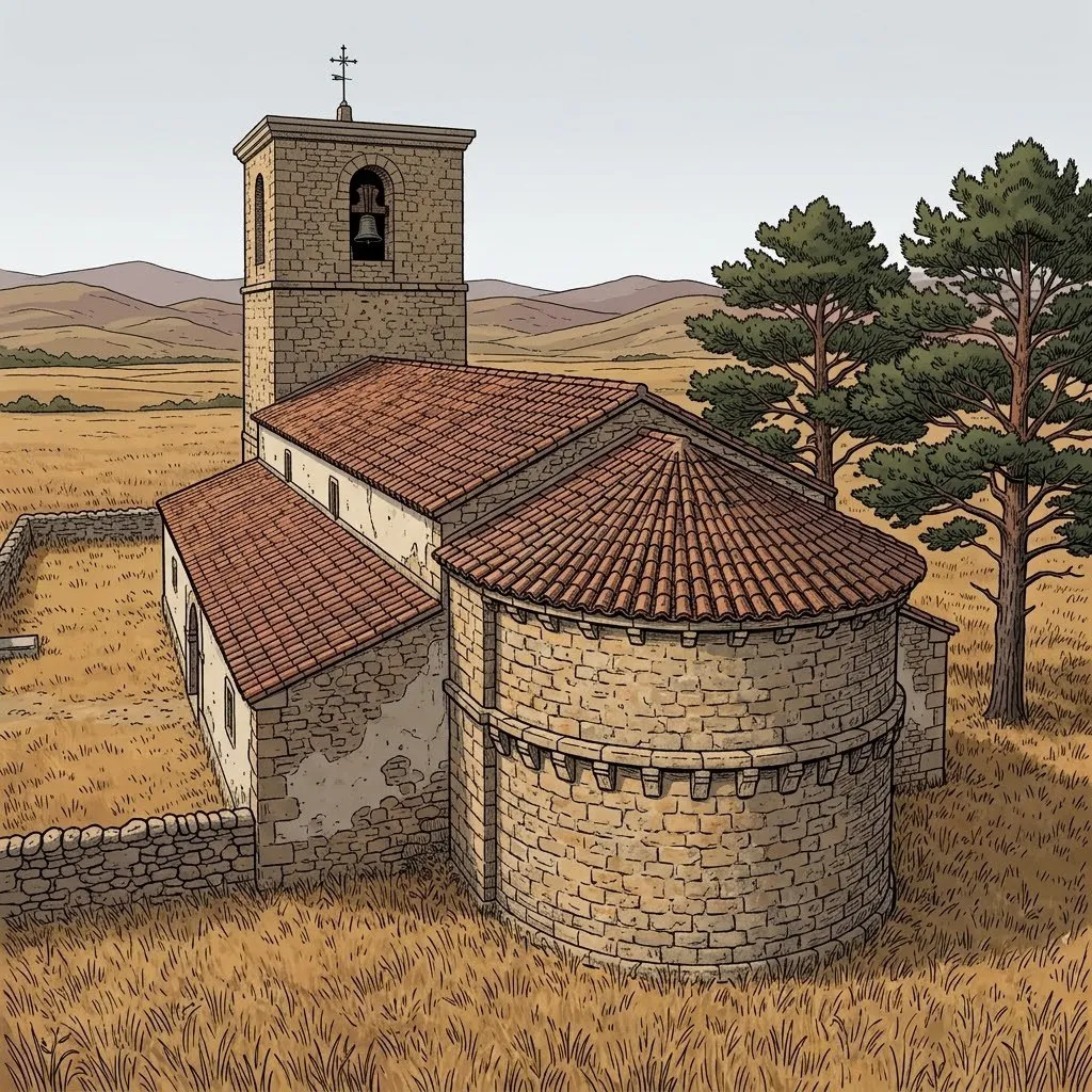 Ilustración: la iglesia de San Miguel de Riofrío aislada en la ladera, con la cabecera redonda de canecillos, la nave de teja, la torre cuadrada y dos pinos junto al cementerio