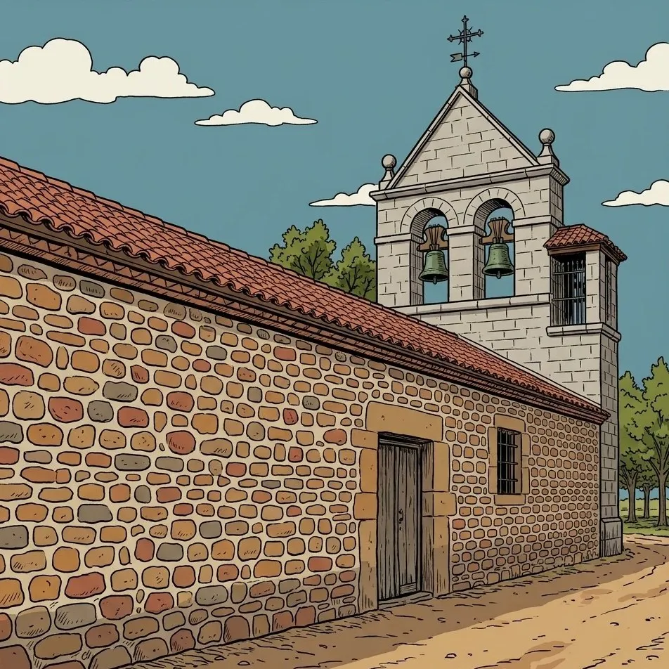 Ilustración: la iglesia de San Pedro Apóstol de Saldaña de Ayllón desde la calle, con la nave de cantos y teja árabe y la espadaña de piedra con dos campanas