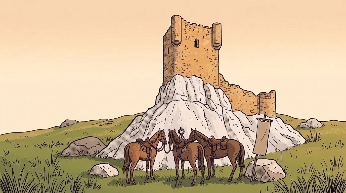 Ilustración: el castillo de Atienza sobre su peña, con tres caballos ensillados y la bandera recogida al pie