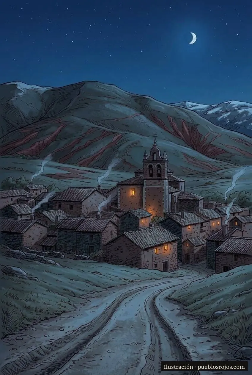 Ilustración: Madriguera de noche bajo la luna, con la espadaña recortada contra el cielo, humo en las chimeneas y luz en algunas ventanas