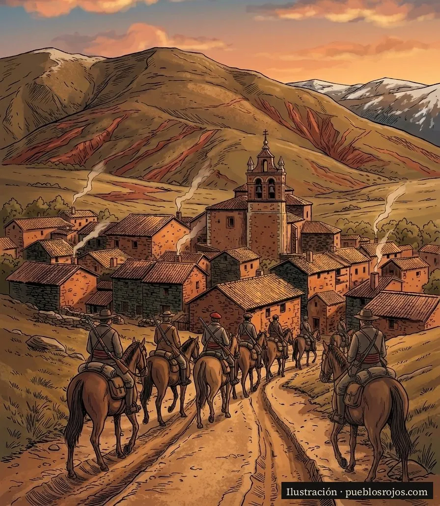 Ilustración: nueve jinetes suben en fila por un camino de tierra hacia Madriguera, con la espadaña de San Pedro en el centro del caserío y los cerros de vetas rojas detrás