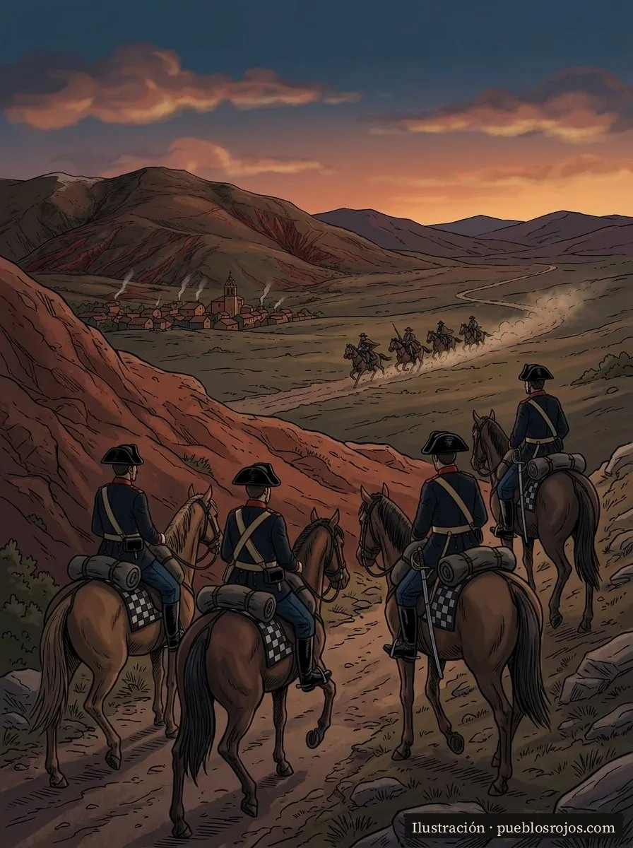 Ilustración: cuatro guardias civiles a caballo, con el tricornio enfundado en hule negro y el correaje amarillo, siguen por el monte de tierra roja el rastro de polvo de unos jinetes lejanos
