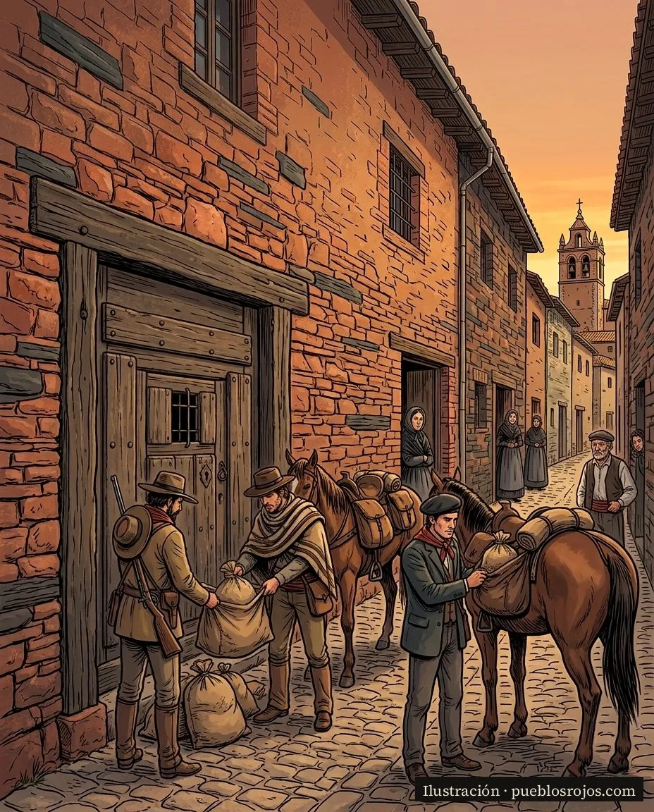 Ilustración: en una calle empedrada de casas de mampostería roja, hombres de paisano con capa y sombrero cargan sacos en los caballos mientras unos vecinos miran desde las puertas