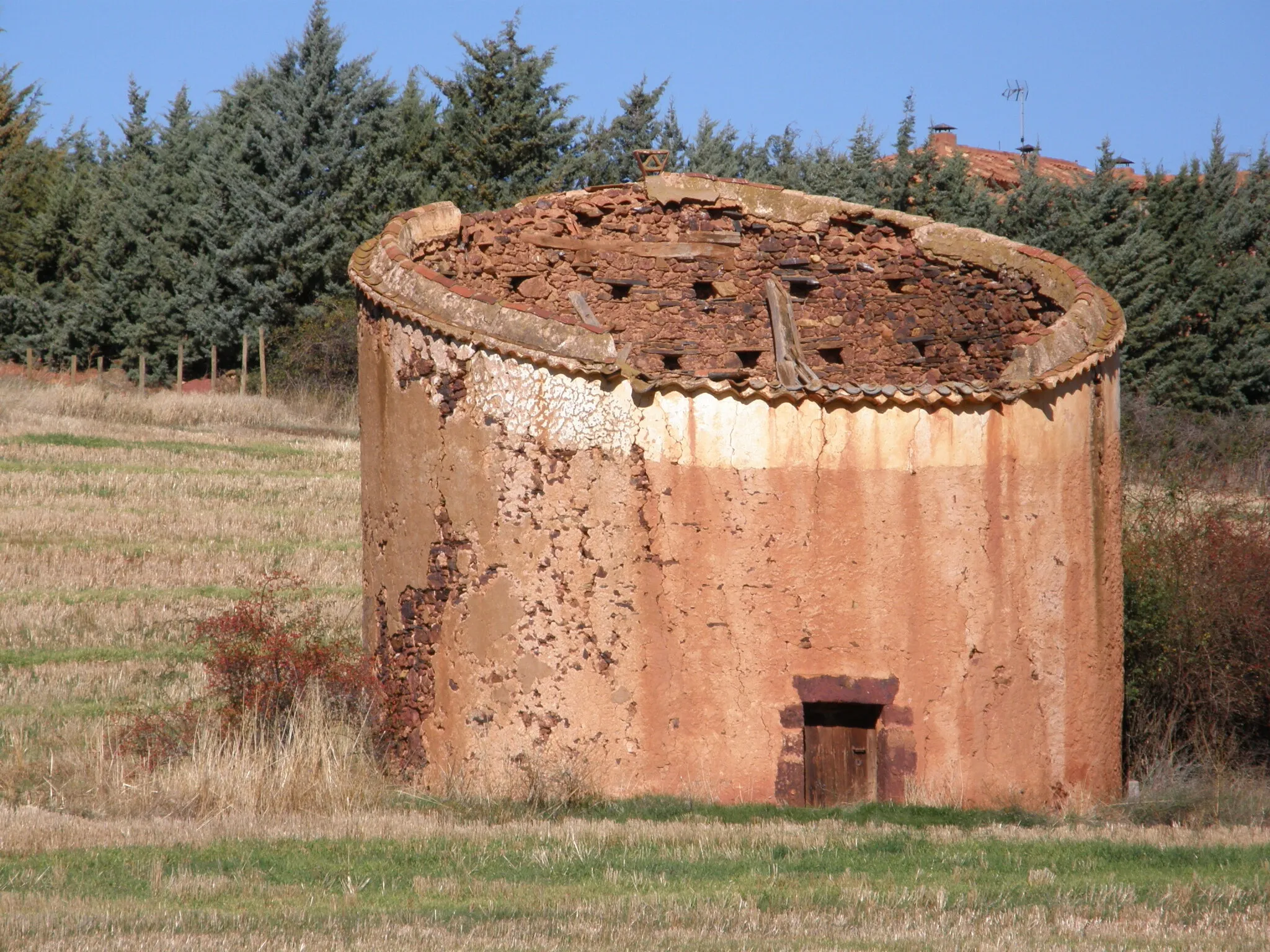 El palomar redondo de Villacorta, un tambor de tapial rojo con cornisa de teja y el tejado hundido, en un campo segado