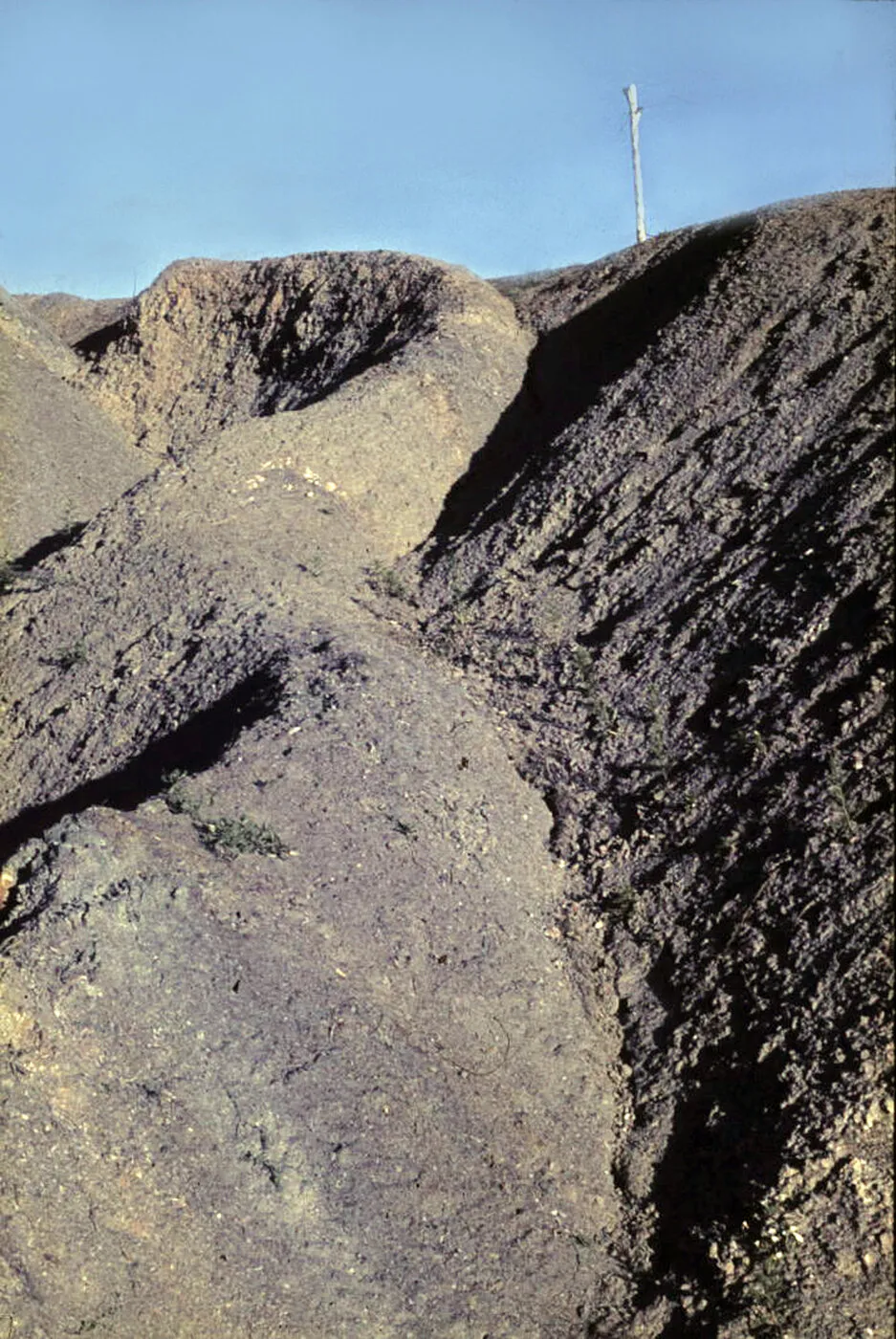 Cárcavas de tierra desnuda, con surcos abiertos por el agua, en el terreno entre Villacorta y Madriguera, en 1974